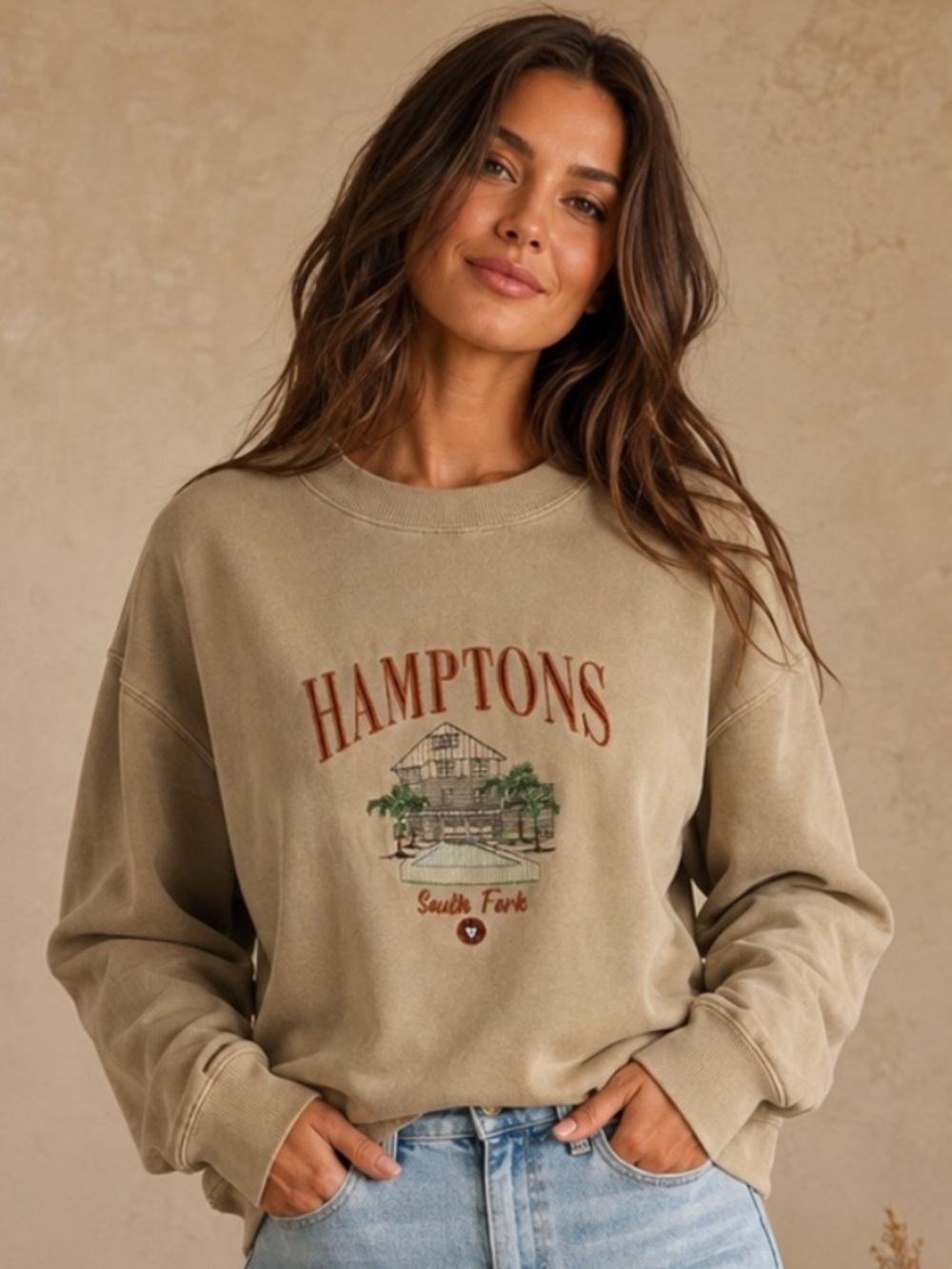 Hamptons Embroidered Beige Crewneck Sweatshirt